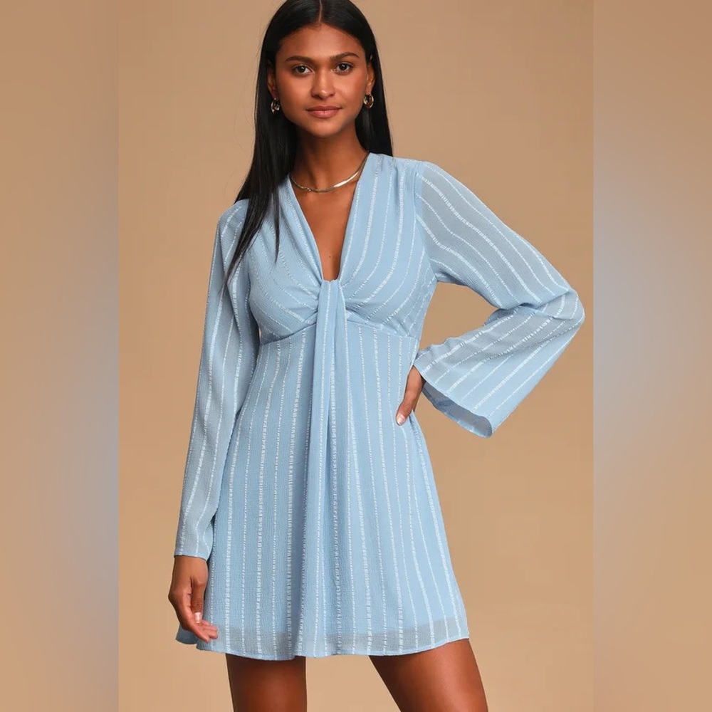 LuLus Million Reasons Dusty Blue Striped Twist Front Mini Dress NWT